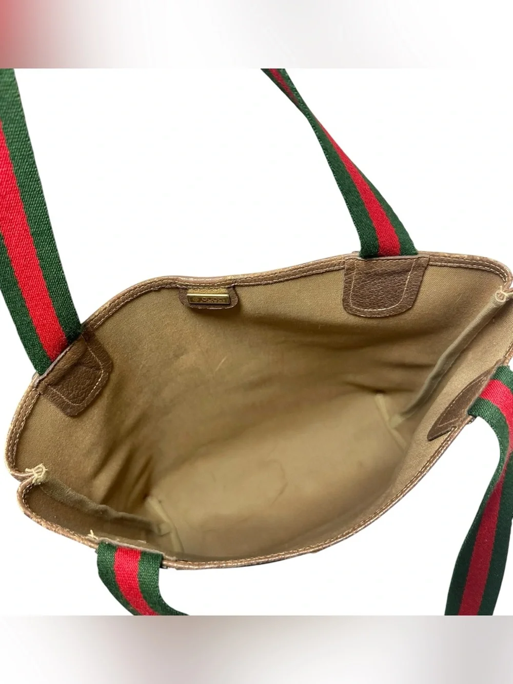 Gucci GG Supreme Canvas & Brown Leather Red Green Sherry Stripe Vintage Tote Bag_7